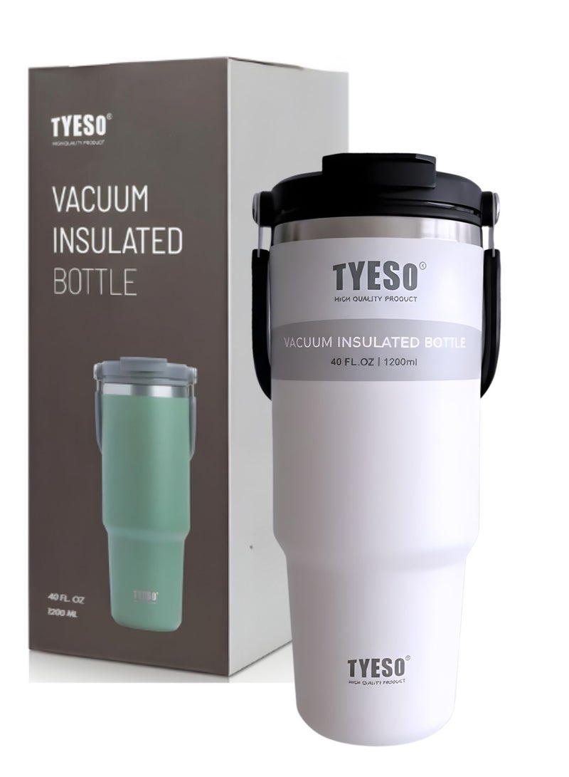 TYESO 1200ml Vacuum Insulated Tumbler 40oz Stainless Steel Travel Mug with Handle & Lid – Double Wall Thermal Water Bottle for Hot & Cold Drinks, Leakproof Large Capacity Cup – White - Image 1